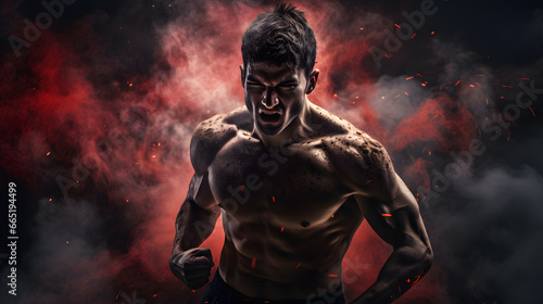 Muscular fighter man with strong expression coming out of dust smoke photo