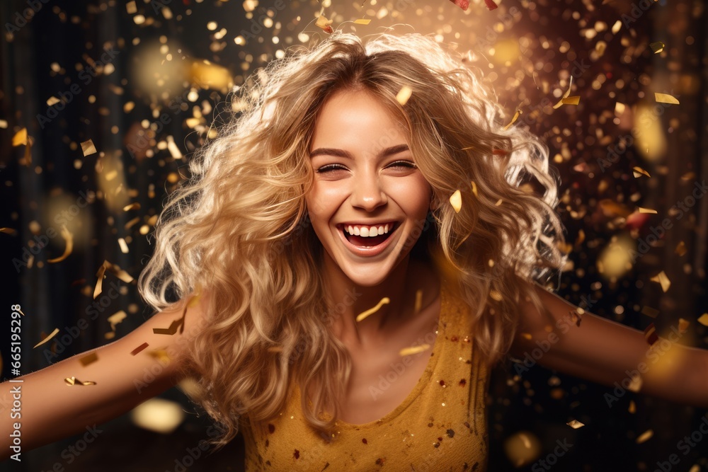 Fototapeta premium Young happy cheerful young woman enjoyong the party. Clubbing, dancing, new year celebration idea
