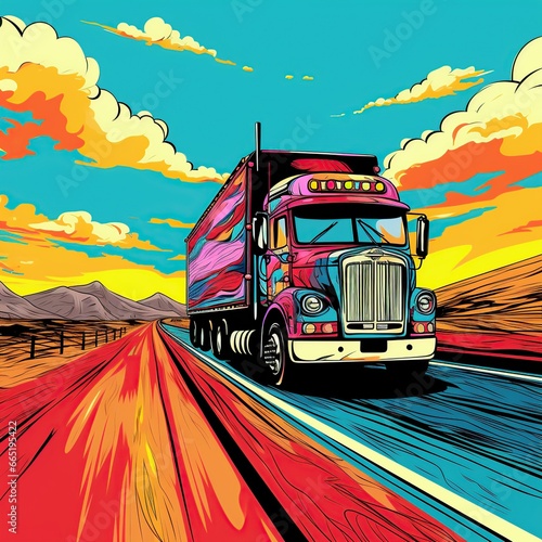 Container truck on pop art style image. AI generated image