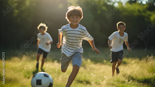 Young boys playing with a soccer ball, running in a grassy field on sunny day, in the style of youthful protagonists, portraiture, bokeh, sunset, summer vibe © Claudio