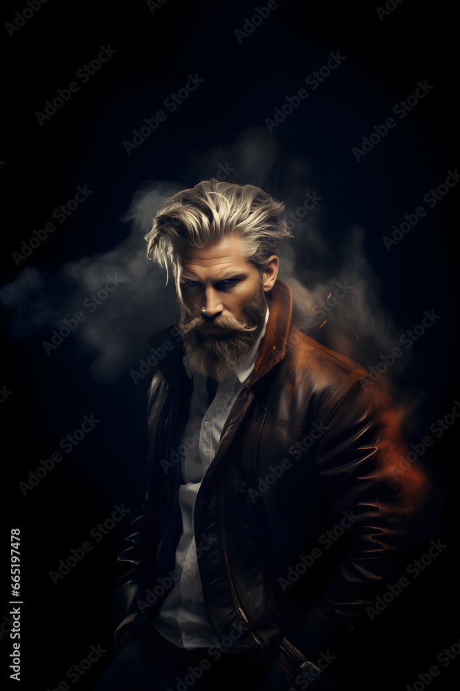 A bearded man with great beard and mustache in a dark leather jacket, strong facial expression on black background with smoke