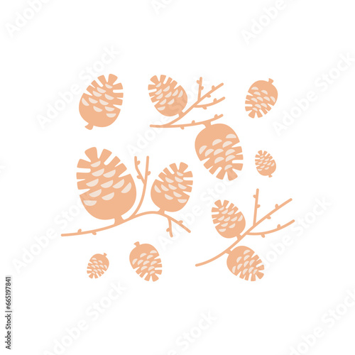 Wallpaper Mural Set of symbolic pine cones on branch with buds in minimalist simple style in monochrome beige and brown tones. Vector graphics in rustic style on isolated white background. Torontodigital.ca
