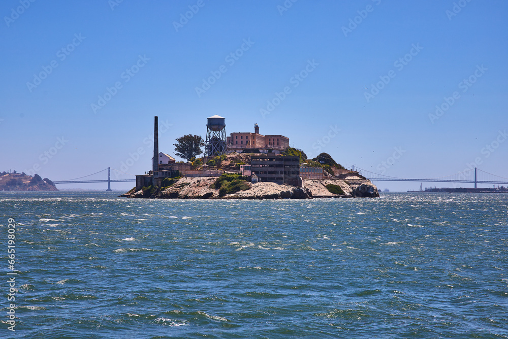 San Francisco Bay with Alcatraz Island and Oakland Bay Bridge behind island