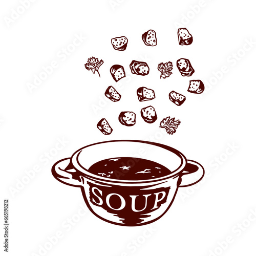 A bowl of soup and flying croutons. Vector illustration of food in graphic style. Menus of restaurants, cafes, snack bars, food labels, covers.