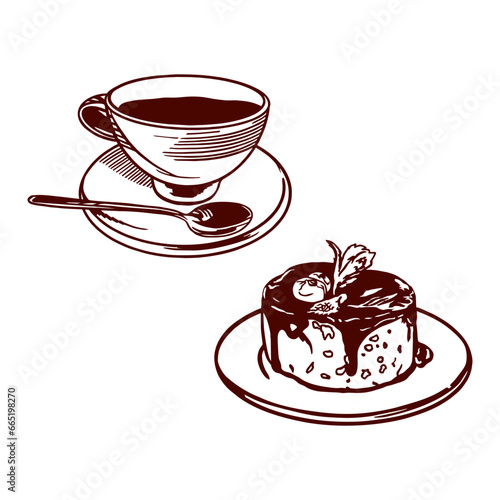 Cup of tea and cake. Vector illustration of food in graphic style. Design element for menus of restaurants, cafes, snack bars, food labels, covers.