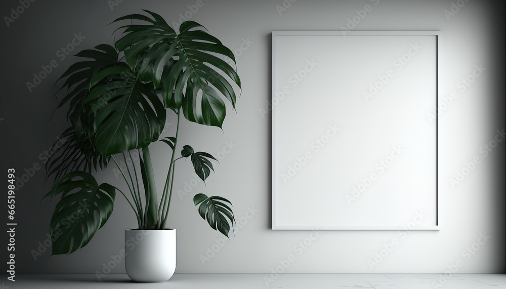 beautiful natural light White Wall minimal. front view frame picture mock up concept. Tropical plant pot on floor Japan style beautiful natural light White Wall minimal. front view frame picture mock up concept. Tropical plant pot on floor Japan style