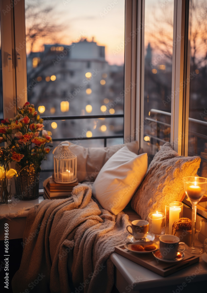 Christmas interior of a cozy bedroom, a room with a view of the evening city in lights, New Year, apartment, sweet home, holiday decor, plaid, pillow, candles, bed, window, warm, holiday, festive - obrazy, fototapety, plakaty 