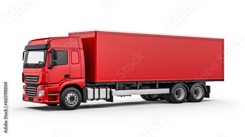 Red container truck side view isolated background. AI generated image