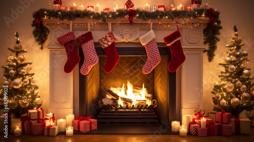 decorated christmas mantle with stockings photo