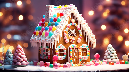 gingerbread house decorated with icing and candy photo
