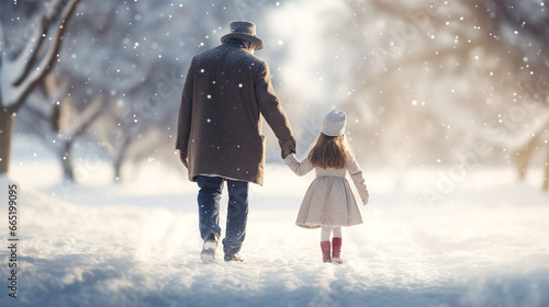 little girl with grandfather walking in snow