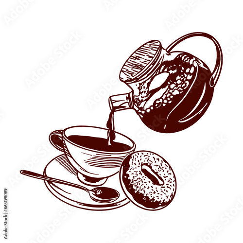 Cup of tea, teapot and donut. Vector illustration of food in graphic style. Menus of restaurants, cafes, snack bars, food labels, covers.