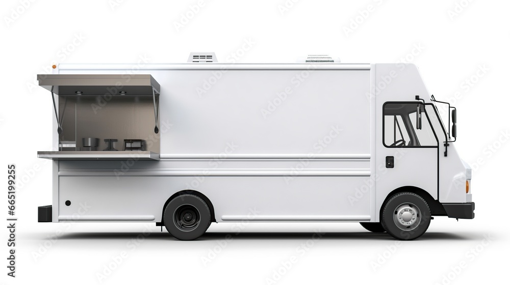 White food truck Side view isolated white background. AI generated image - obrazy, fototapety, plakaty 