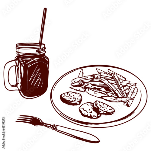 A glass of juice with a straw, French fries, nuggets, a fork. Vector illustration of food. Graphic. Menus of restaurants, cafes, food labels, covers.
