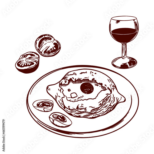 Khachapuri, pieces of egg, tomatoes, glass of wine. Vector illustration of food. Graphic. Menus of restaurants, cafes, food labels, covers, cards.