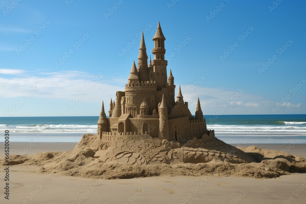 Stunning sandcastle on serene sea blue setting. Generative AI
