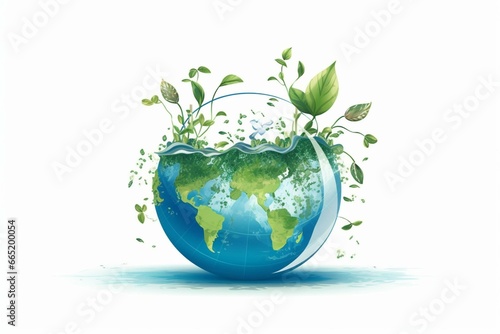 Illustration of Earth liquid globe with sprouts growing out. Celebration of World Ocean Day and Earth Day. Generative AI