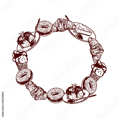 Round frame made of sweet pastries. Vector illustration of food in graphic style. Menus of restaurants, cafes, snack bars, food labels, covers.