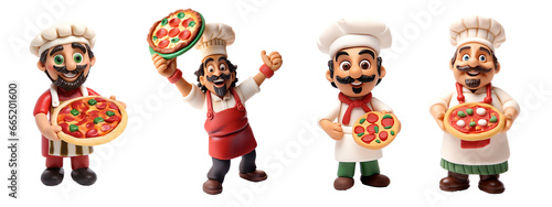 Funny cartoon pizza maker made of plasticine, different versions, isolated