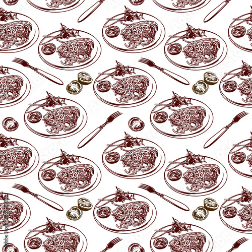 Spaghetti, tomatoes, fork. Vector illustration of a seamless pattern. Graphic. Menus of restaurants, cafes, snack bars, food labels, wrapping paper.