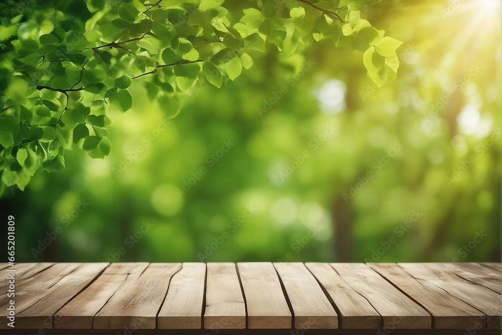 Spring's Awakening: A Beautiful Background Featuring Lush Green Foliage and an Empty Wooden Table, Set in the Tranquil Beauty of the Great Outdoors Spring's Awakening: A Beautiful Background Featuring Lush Green Foliage and an Empty Wooden Table, Set in the Tranquil Beauty of the Great Outdoors