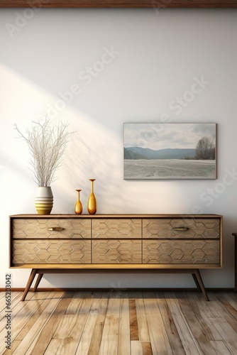 Interior with wooden sideboard 3d rendering