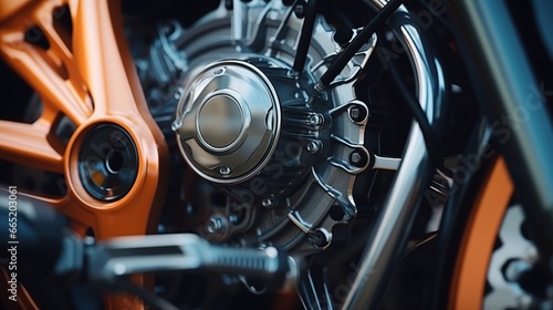 Closeup of modern motorcycle engine block. AI generated image