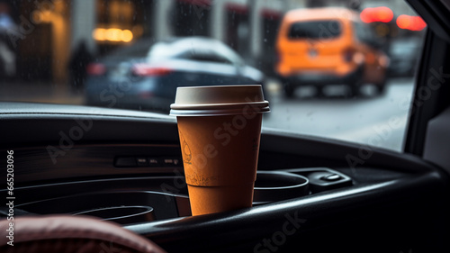 coffee cup and coffee on the car seat inside a cup