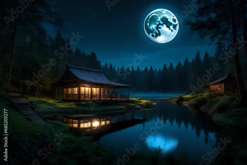 ((best quality)), ((masterpiece)), ((realistic)), (detailed), scenery, moon, pond, forest, hut, darkness, night, (time paradox,Cyan,Curved lines,Captivating, magic1.3),