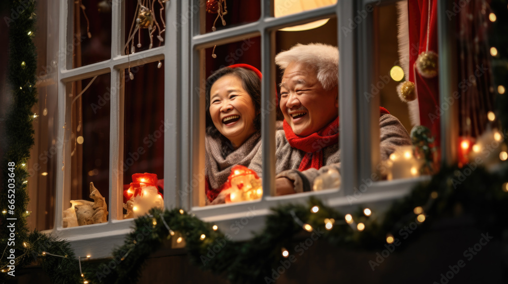 Happy senior couple at christmas night looking through the window.