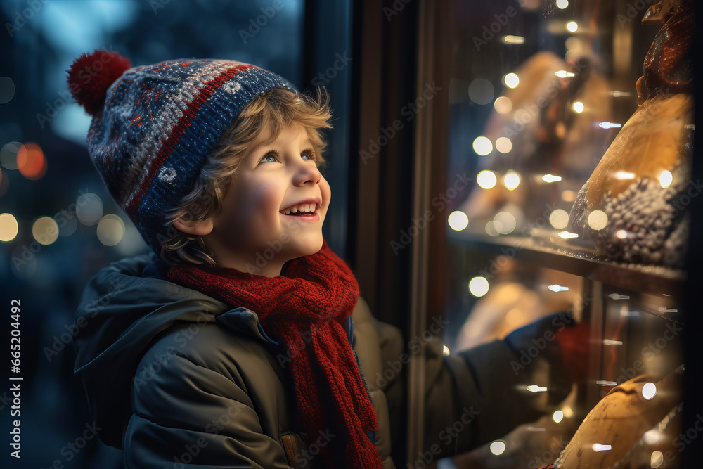 A young excited child looking into the window of a shop decorated for Christmas and the holidays