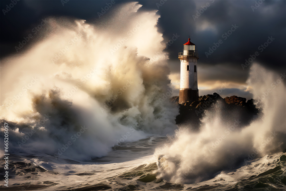 Lighthouse on the seashore and giant waves hitting the shore
