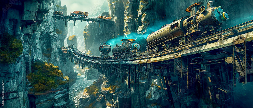 Steampunk train, Generative AI illustration Steampunk train, Generative AI illustration