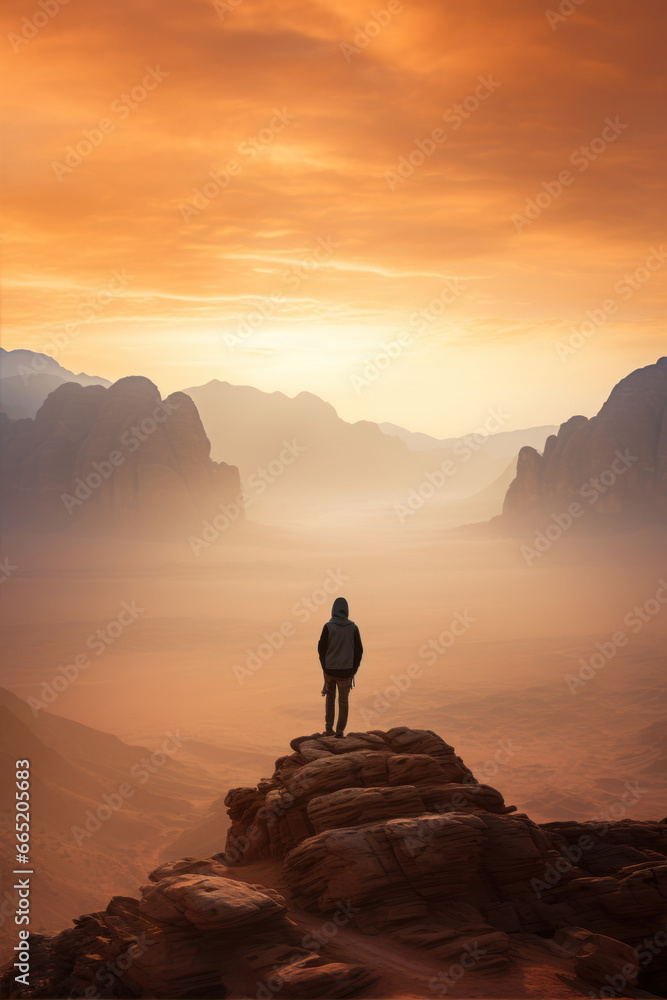 Hiker in the desert at sunset. Fantastic forms sandstone formations.