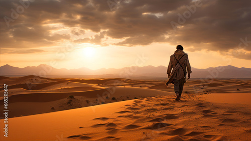 Handsome arabian man walking in the desert at sunset