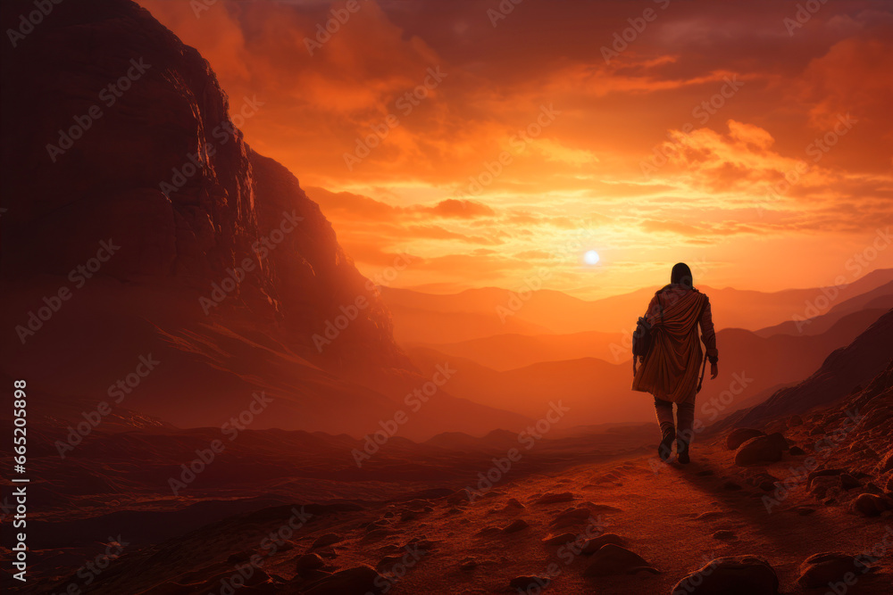 Fototapeta premium Man walking in the desert at sunset.