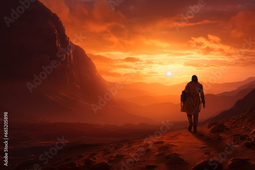 Man walking in the desert at sunset.