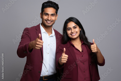 Picture of man and woman both giving thumbs up gesture. This image can be used to convey approval, success, or agreement in various contexts.