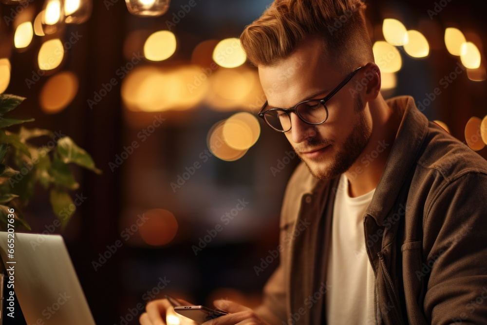 Man is sitting at table and using cell phone. This image can be used to illustrate technology, communication, or modern lifestyle. Man is sitting at table and using cell phone. This image can be used to illustrate technology, communication, or modern lifestyle.