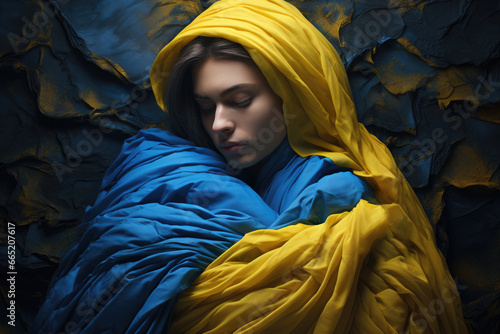 Woman is seen wrapped in cozy blue and yellow ukraine blanket. Warmth, comfort, relaxation, or cozy atmosphere.