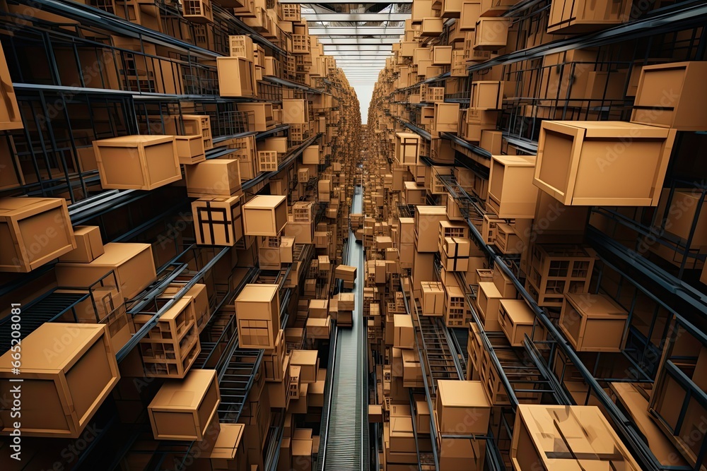 3d rendering of warehouse with rows of cardboard boxes in a warehouse, cartons on the conveyor belt in the industrial logistics center. - obrazy, fototapety, plakaty 