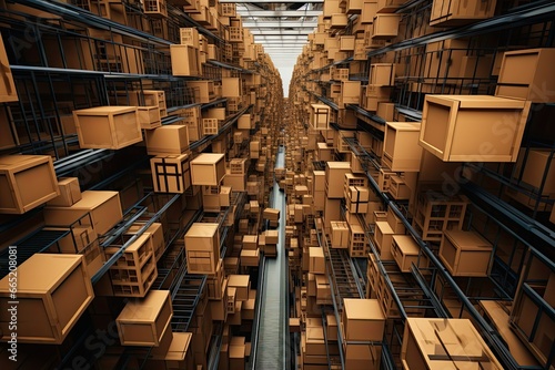 3d rendering of warehouse with rows of cardboard boxes in a warehouse, cartons on the conveyor belt in the industrial logistics center.