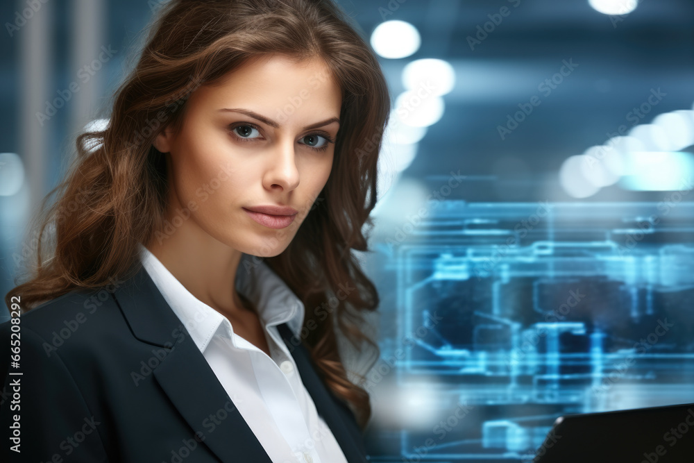 Professional woman dressed in business suit is seen using laptop. This image can be used to depict concepts related to technology, business, work, and communication. Professional woman dressed in business suit is seen using laptop. This image can be used to depict concepts related to technology, business, work, and communication.