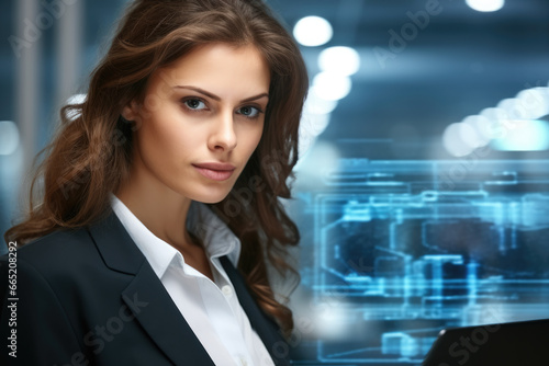 Professional woman dressed in business suit is seen using laptop. This image can be used to depict concepts related to technology, business, work, and communication.