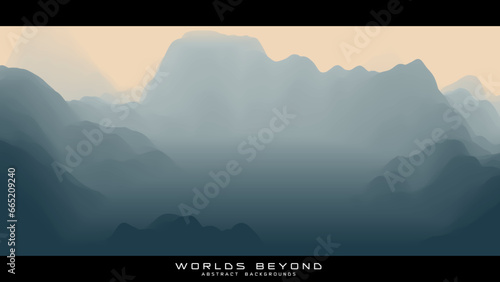 Abstract gray landscape with misty fog till horizon over mountain slopes. Gradient eroded terrain surface. Worlds beyond.