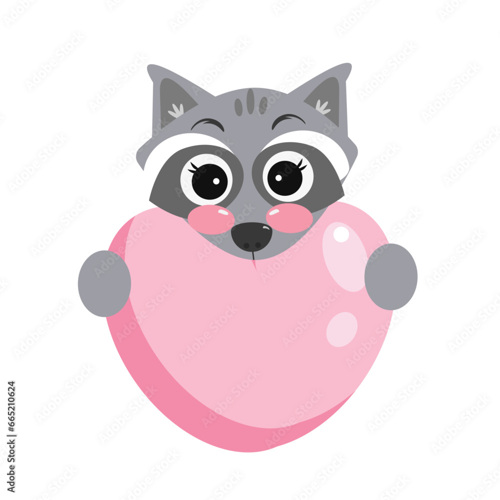 Cute kawaii cartoon raccoon. Draw vector illustration character design raccoons with holding heart for banner. Cute animal with pink hearts for Valentine day. Doodle cartoon style. Concept for kids Cute kawaii cartoon raccoon. Draw vector illustration character design raccoons with holding heart for banner. Cute animal with pink hearts for Valentine day. Doodle cartoon style. Concept for kids