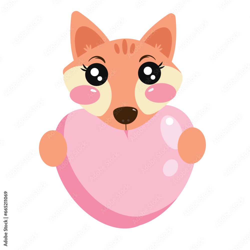 Cute kawaii cartoon fox holding a heart sign. Valentine's day greeting card banner invitation flyer brochure on white isolated background Cute kawaii cartoon fox holding a heart sign. Valentine's day greeting card banner invitation flyer brochure on white isolated background
