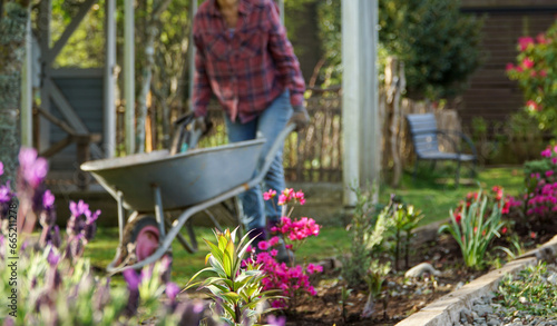 Pink flower in focus with a woman and her wheelbarrow prepped for planting in the background. © Emilia