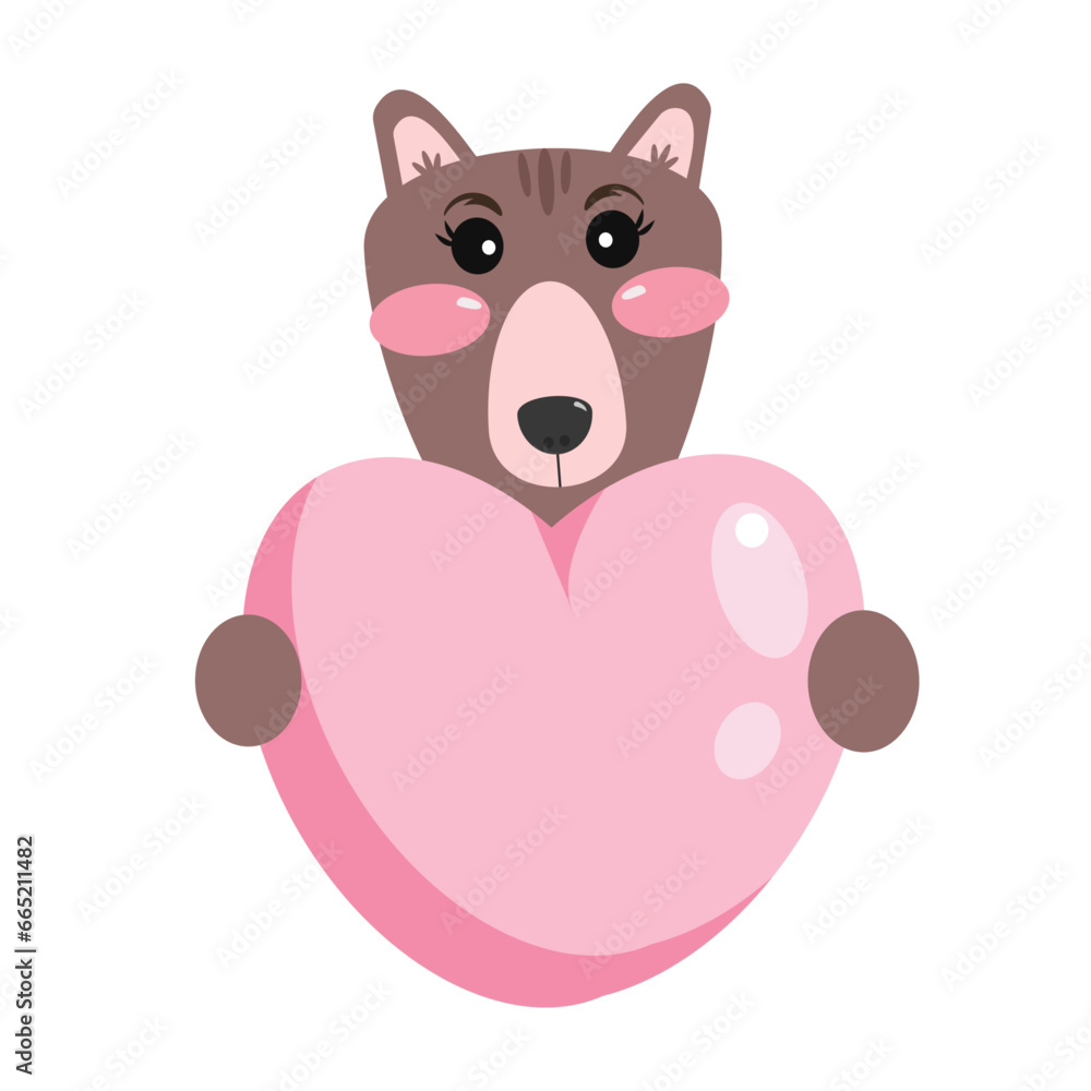 Cute kawaii cartoon bear holding a heart sign. Little animal in love. Illustration for kids. Concept for children print