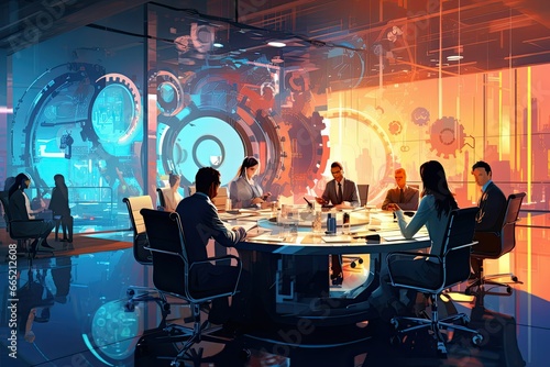 Business people in a modern meeting room, 3D rendering double exposure, corporate office meeting concept, futuristic meeting, technological business meeting